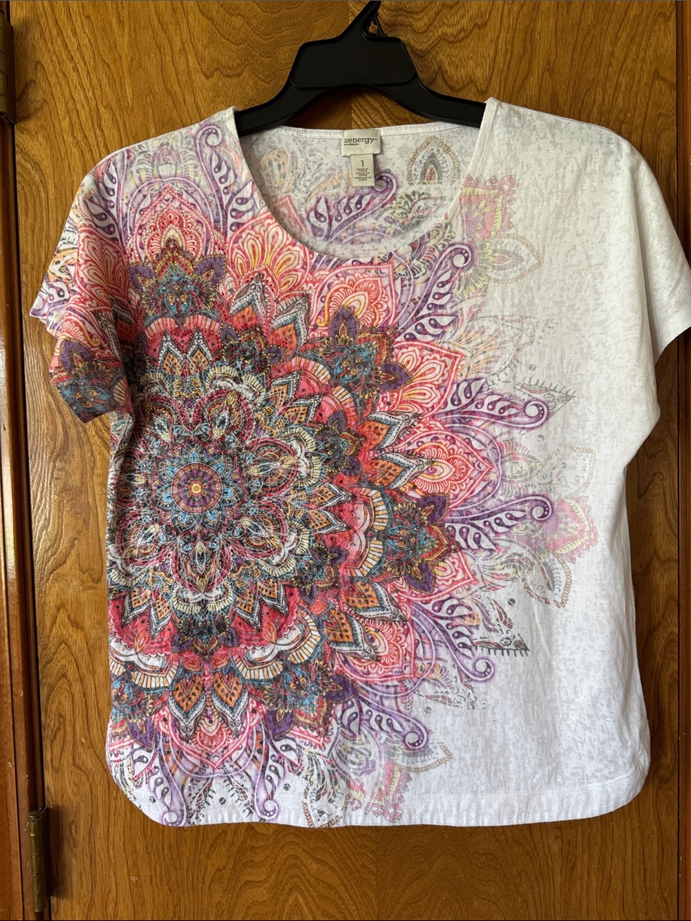 Chico's White Short-Sleeve Tee with Pink, Purple & Blue Mandala